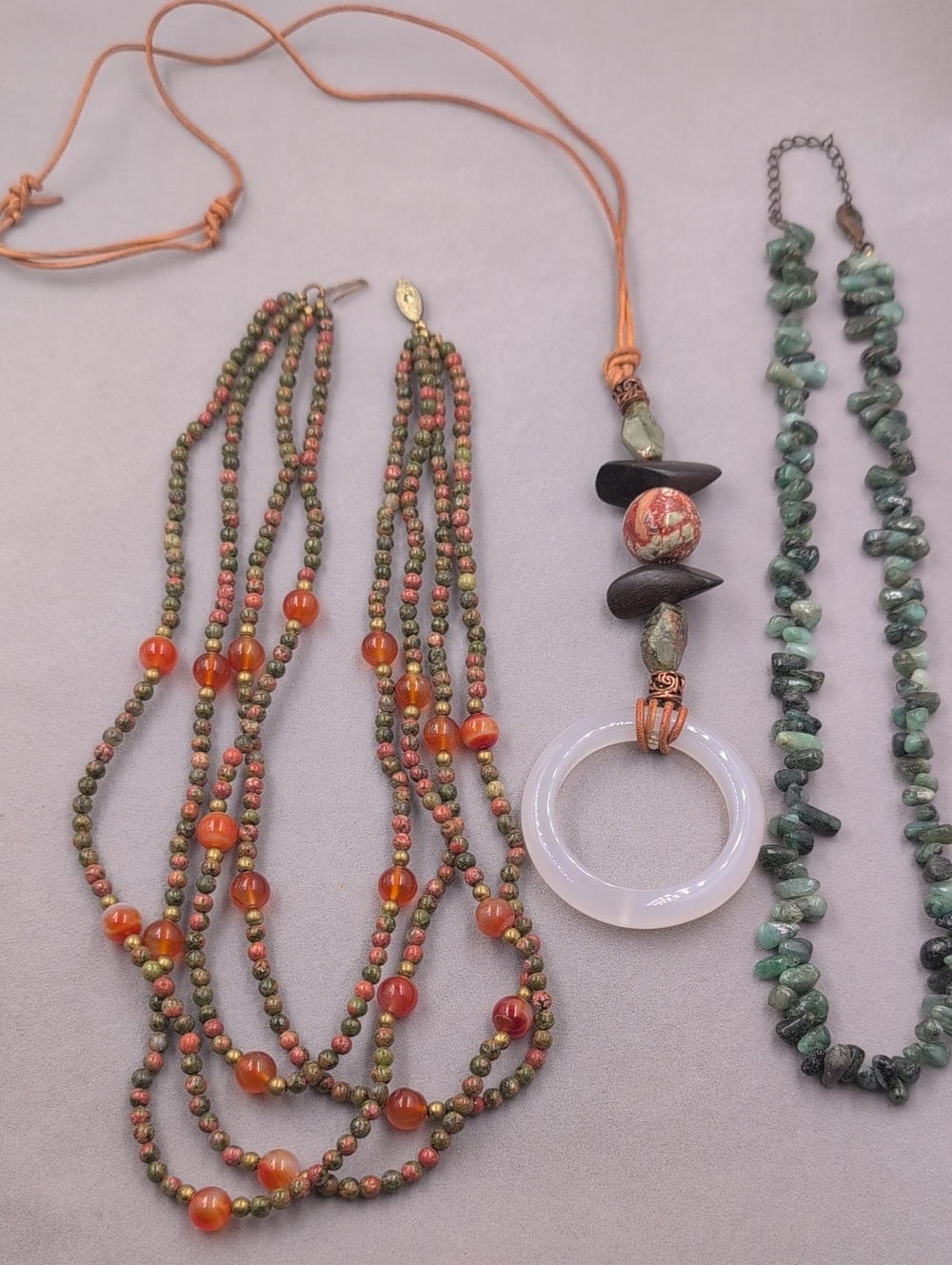 3Pc Natural Stone Necklace Set Unakite Carnelian Chalcedony Donut Boho 0708